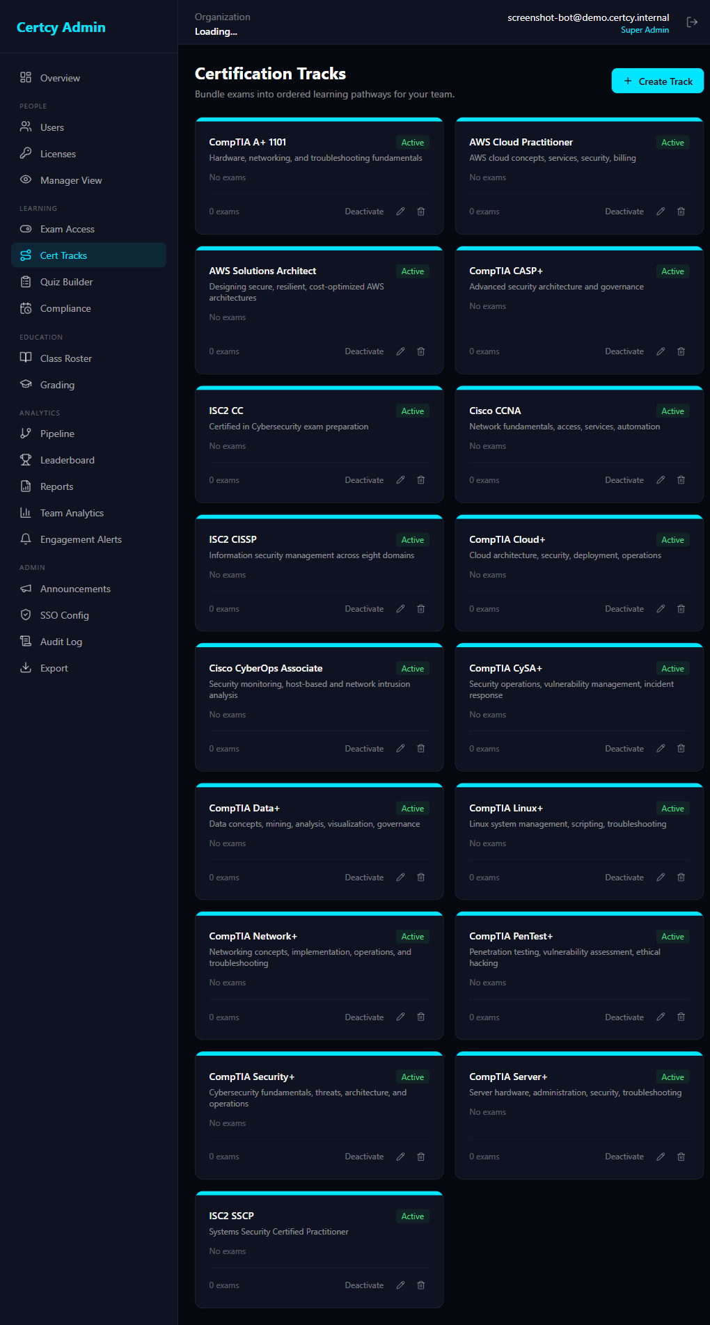 Cert Tracks admin page — enable or disable any of 17 tracks