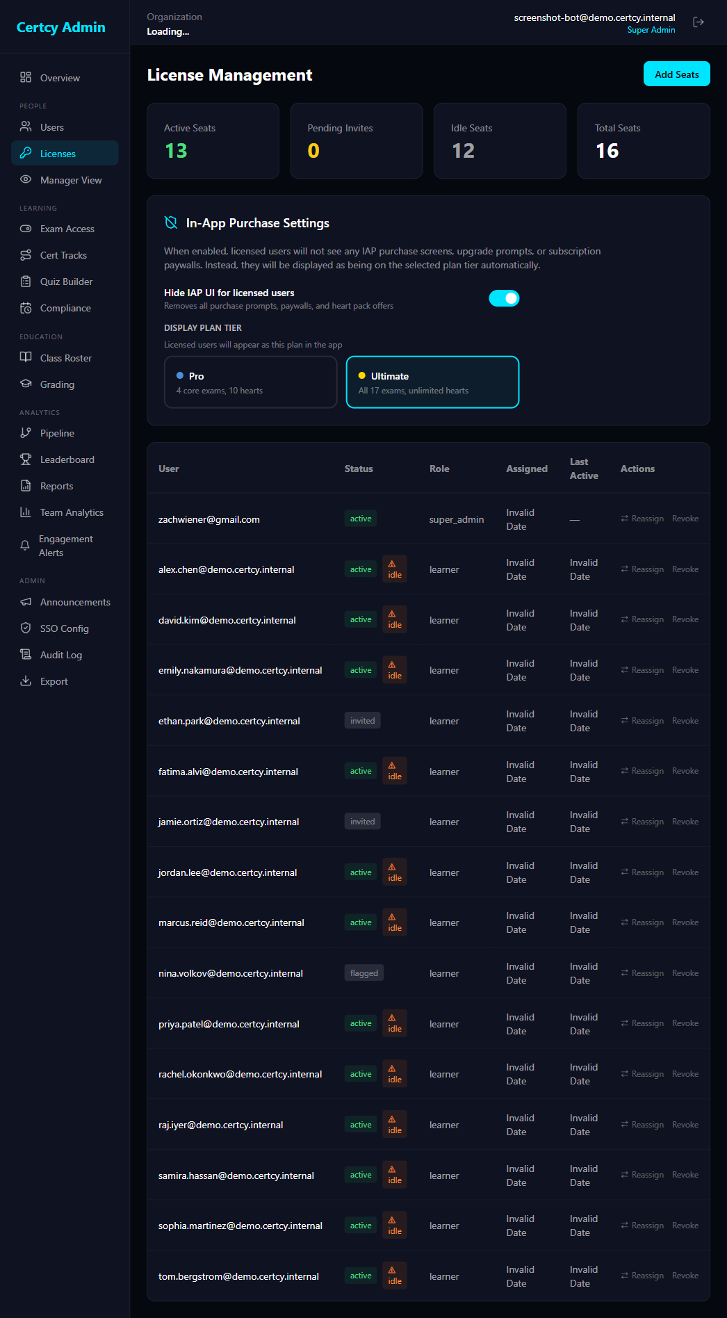 Licenses page — seat utilization and invoice history